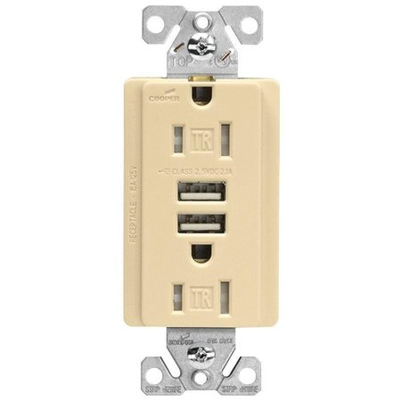 ARROW HART EATON TR7755VKL Receptacle, 15 A, 125 V, 2 USB Port, NEMA NEMA 515R, Ivory TR7765V-KB-L